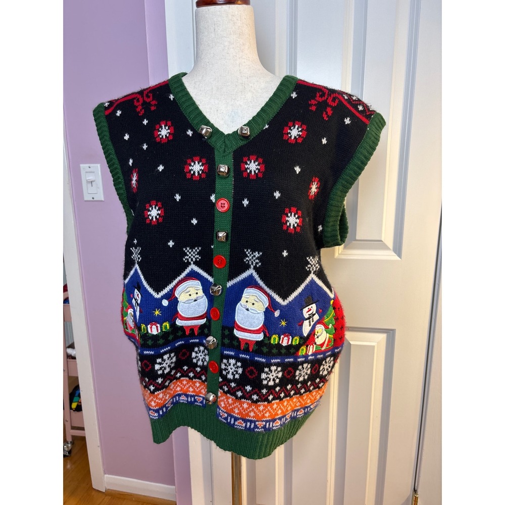 Merry Christmas Ugly Sweater Vest Black Santa Snowman Jingle Bells Large
